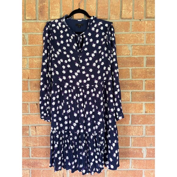 J. Crew Navy Blue Floral Print Long Sleeve Tiered Mini Dress - Picture 5 of 16